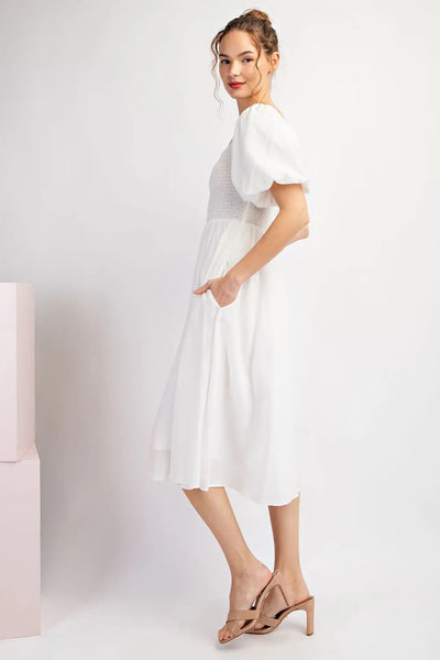 Smocked Square Neck Midi Dress
