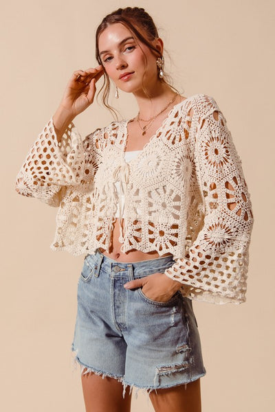 Crochet Knit Tie Front Cropped Cardigan