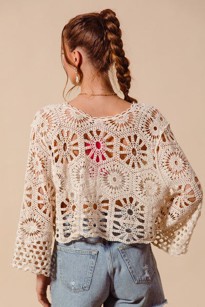 Crochet Knit Tie Front Cropped Cardigan