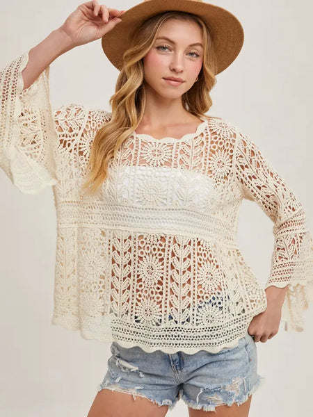 Natural Crochet Bell Sleeve Top
