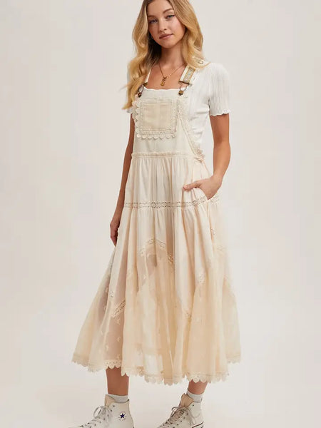 Flowy Embroidered Tulle Bib Maxi Dress