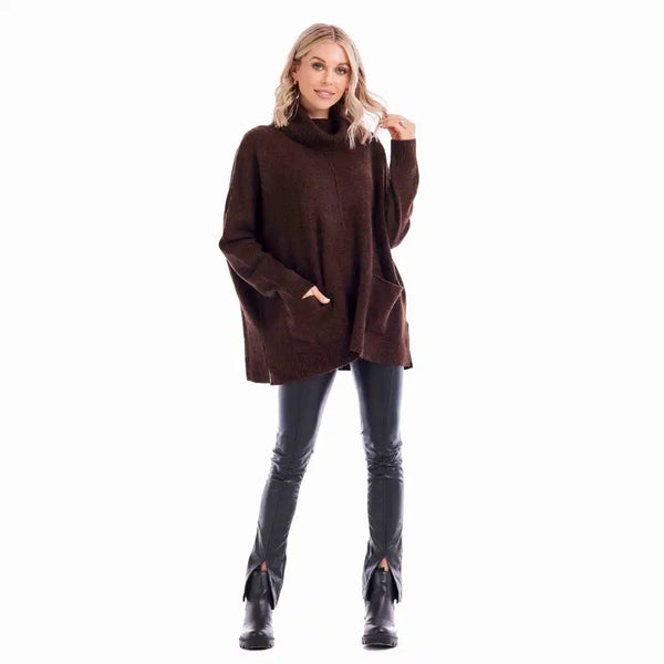 Turtleneck Poncho-Brown