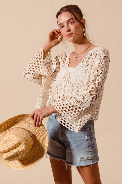 Crochet Knit Tie Front Cropped Cardigan