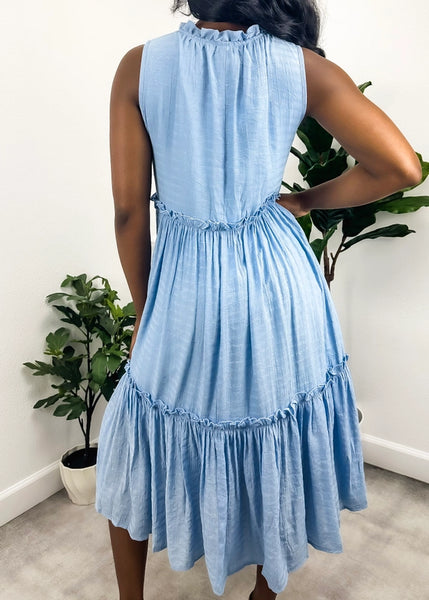 Blue V-Neck Tiered Dress