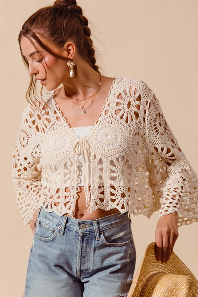 Crochet Knit Tie Front Cropped Cardigan