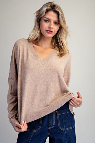 V-Neck Long Sleeve Sweater-Sand