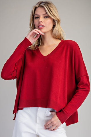V-Neck Long Sleeve Sweater-Merlot