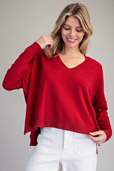 V-Neck Long Sleeve Sweater-Merlot
