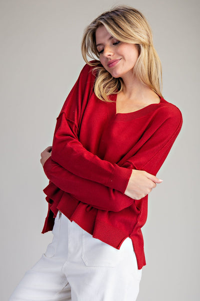 V-Neck Long Sleeve Sweater-Merlot