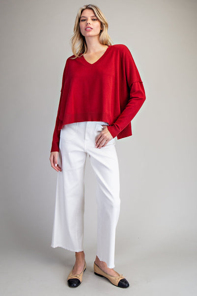 V-Neck Long Sleeve Sweater-Merlot