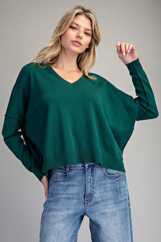 V-Neck Long Sleeve Sweater-Hunter Green