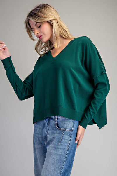 V-Neck Long Sleeve Sweater-Hunter Green