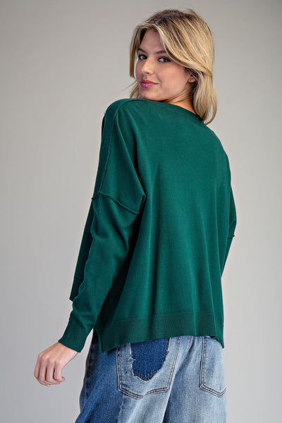 V-Neck Long Sleeve Sweater-Hunter Green
