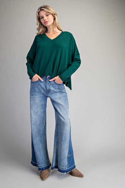 V-Neck Long Sleeve Sweater-Hunter Green