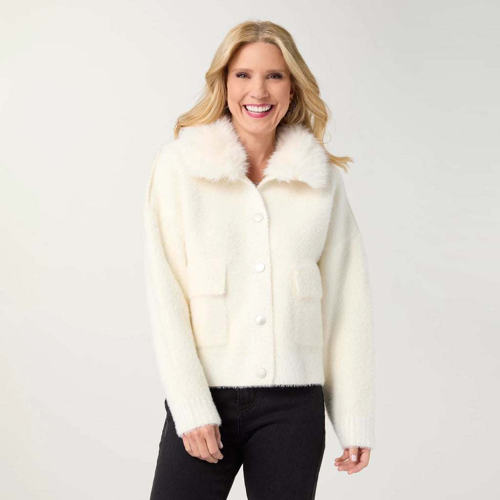 Brushed Cardigan w/Faux Fur Collar