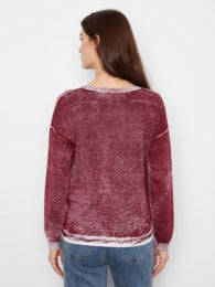 Merlot Distressed Crew Neck Sweater