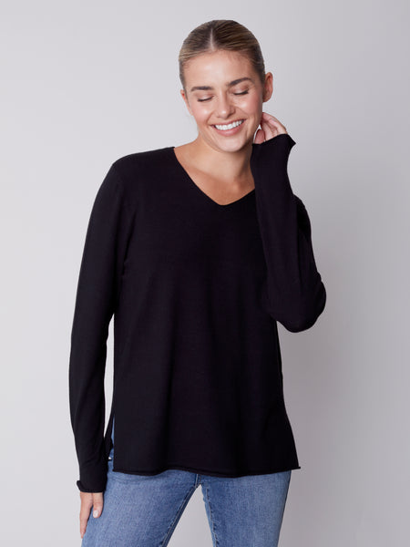 Basic V-Neck Sweater-Black