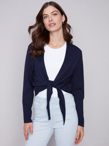 Front Tie Shawl Neck Bolero-Black
