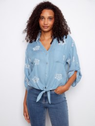 Embroidered 3/4 Sleeve Front Tie Top