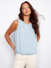 Scallop Hem Sleeveless Chambray Top