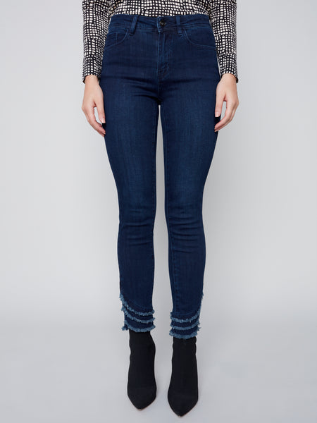 Blue/Black Ankle Jeans w/Fringe Detail