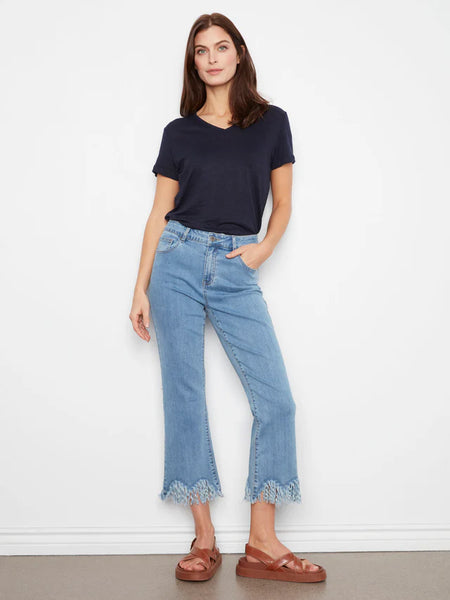 Stretch Bootleg Pants w/Fringe Hem