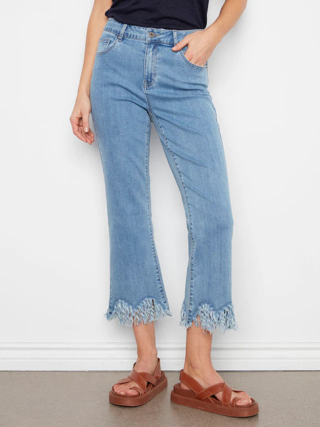 Stretch Bootleg Pants w/Fringe Hem