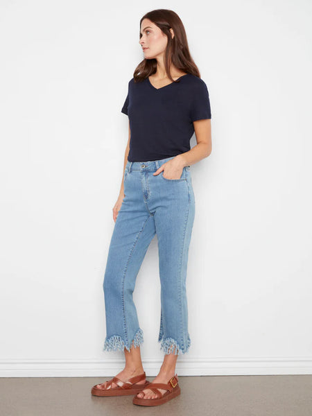 Stretch Bootleg Pants w/Fringe Hem
