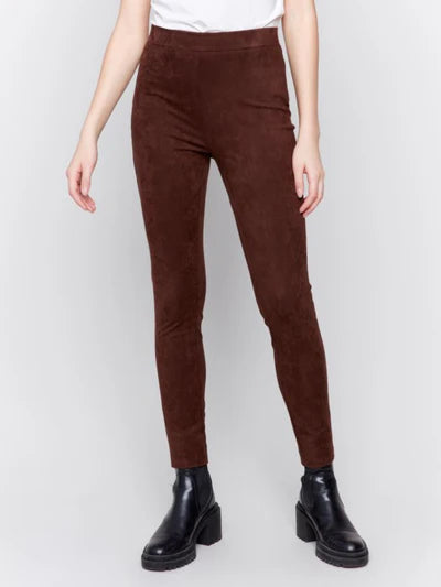 Pull On Faux Suede Pants w/Back Slit-Mocha