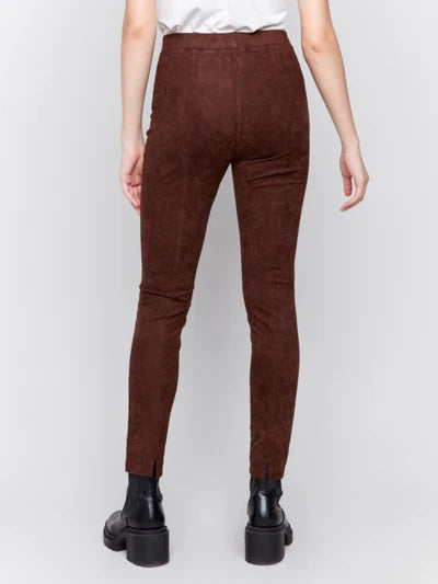 Pull On Faux Suede Pants w/Back Slit-Mocha