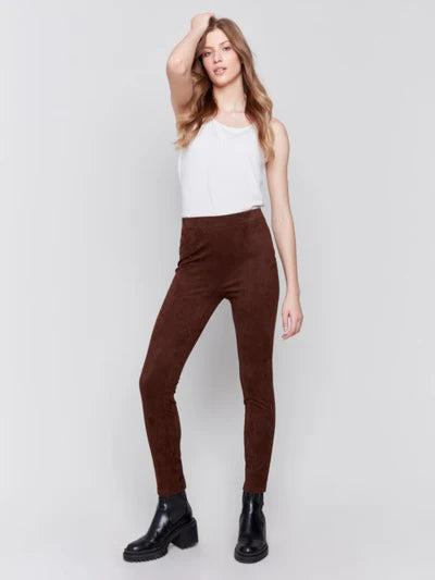 Pull On Faux Suede Pants w/Back Slit-Mocha