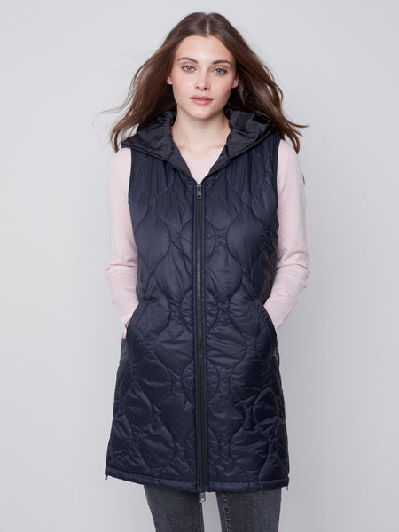 Black Long Quilted Vest w/Hood