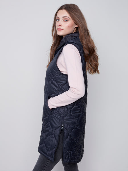 Black Long Quilted Vest w/Hood