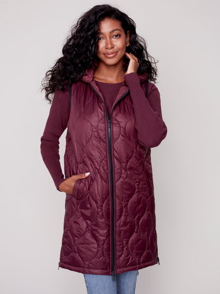 Plum Long Quilted Vest w/Hood