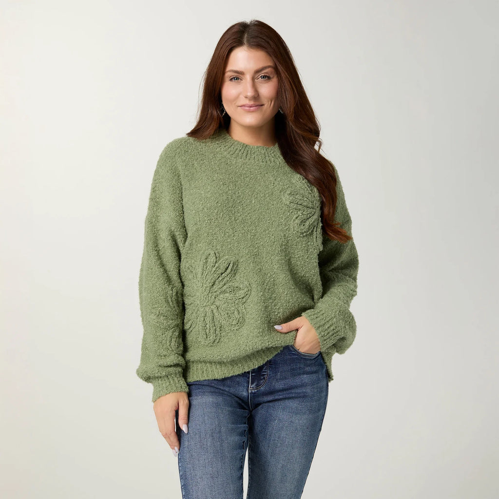 Dusty Olive Sweater w/Floral Applique