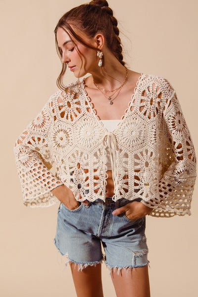 Crochet Knit Tie Front Cropped Cardigan