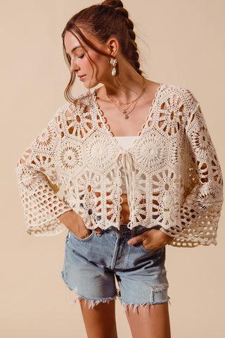 Crochet Knit Tie Front Cropped Cardigan