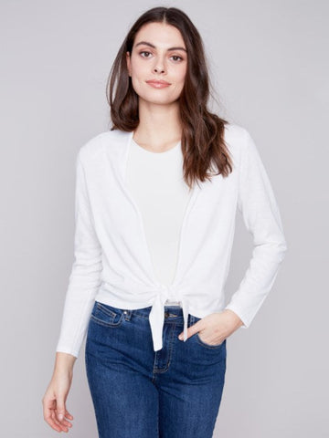 Front Tie Shawl Neck Bolero-White