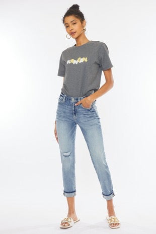 High Rise Cuffed Hem Mom Fit Ankle Jeans