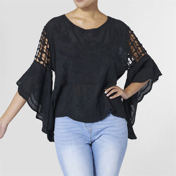 Pretty Crochet Black Top w/Flutter Sleeves