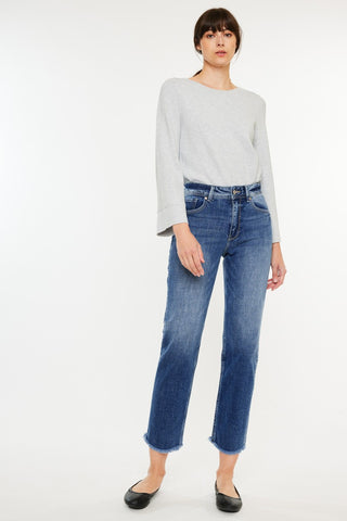 High-Rise Slim Straight Fringe Hem Jeans