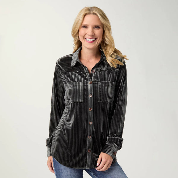 Evergreen Ribbed Velour Button Up