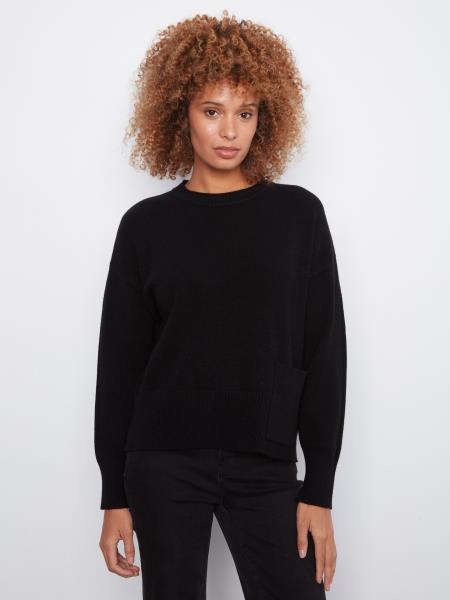 Ribbed Knit Crew Neck Sweater w/Front Pocket