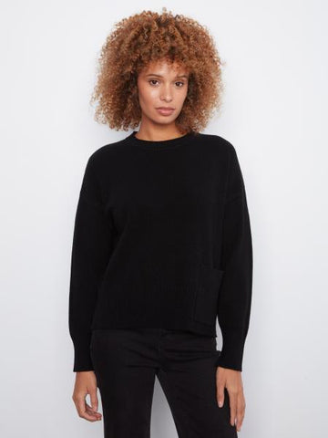 Ribbed Knit Crew Neck Sweater w/Front Pocket