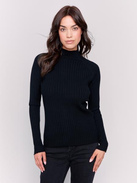 Black Ribbed Knit Mock Neck Sweater