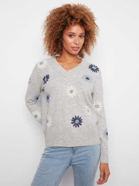 Allover Floral Embroidered V-Neck Sweater