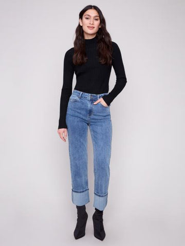 Wide Cuff Straight Leg Stretch Jeans