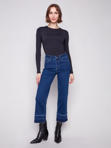 Cropped Flare Leg Jeans w/Fringe Detail