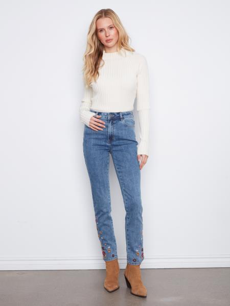 Slim Leg Embroidered Denim Pants