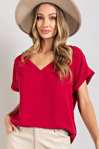 Short Sleeve Wine V-Neck Top